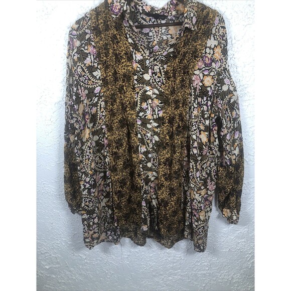 JANE AND DELANCEY SZ XL Geometric Stripe Pintuck Pleated Button Down Tunic BOHO - Picture 1 of 7